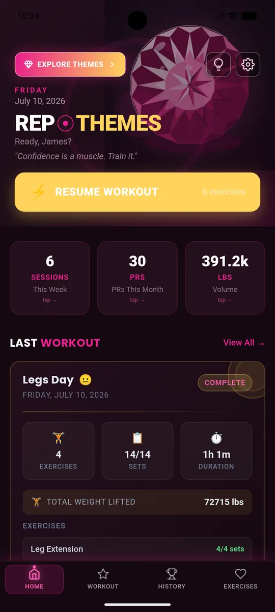 RepThemes home screen with a custom accent image filling the header