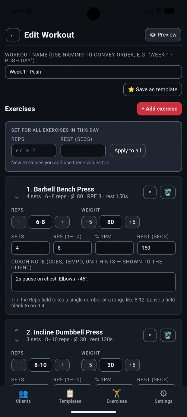 RepThemes Coach program builder screen
