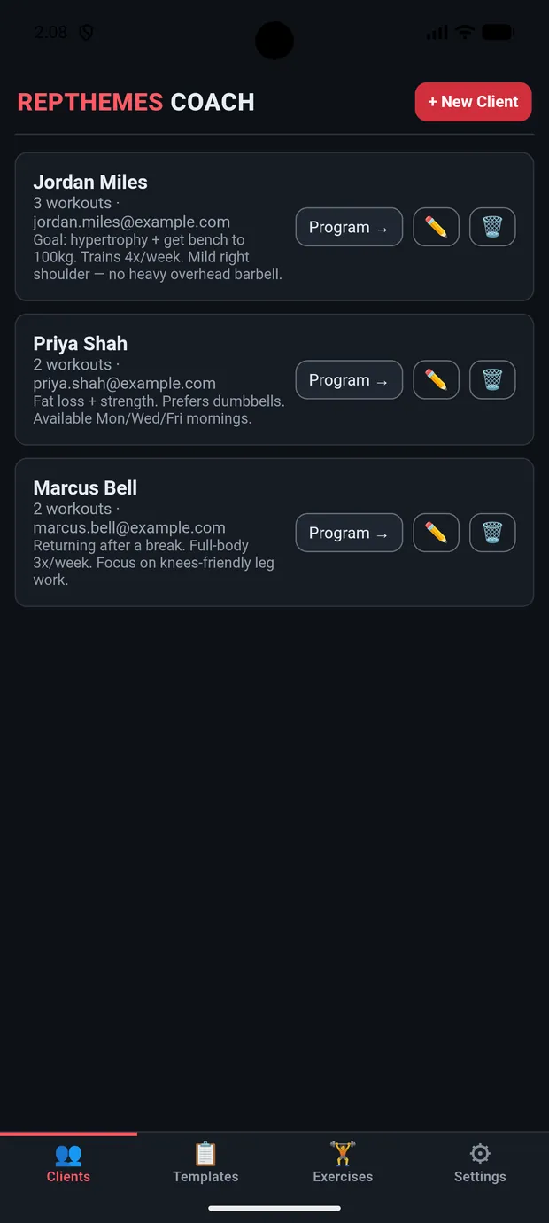 RepThemes Coach client list screen