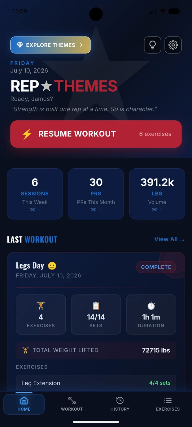 RepThemes home dashboard with quick access tiles
