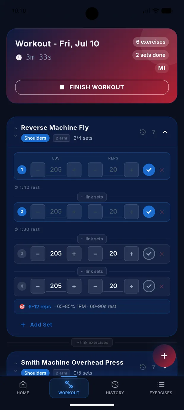 RepThemes active workout screen logging sets and reps